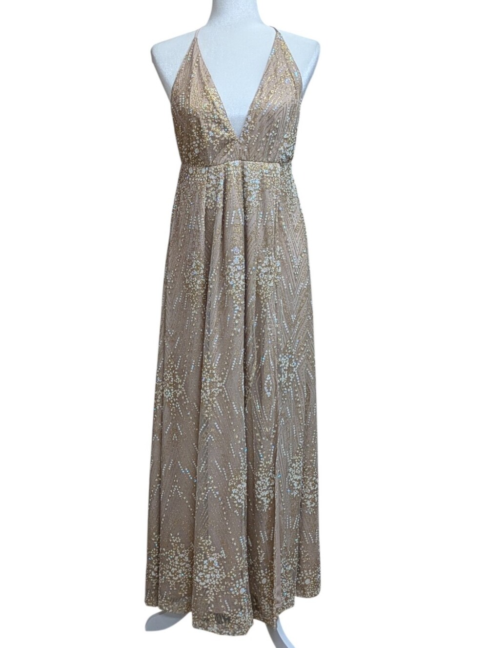 Hello Molly Champagne Sequin High Slit Maxi Dress Size 6